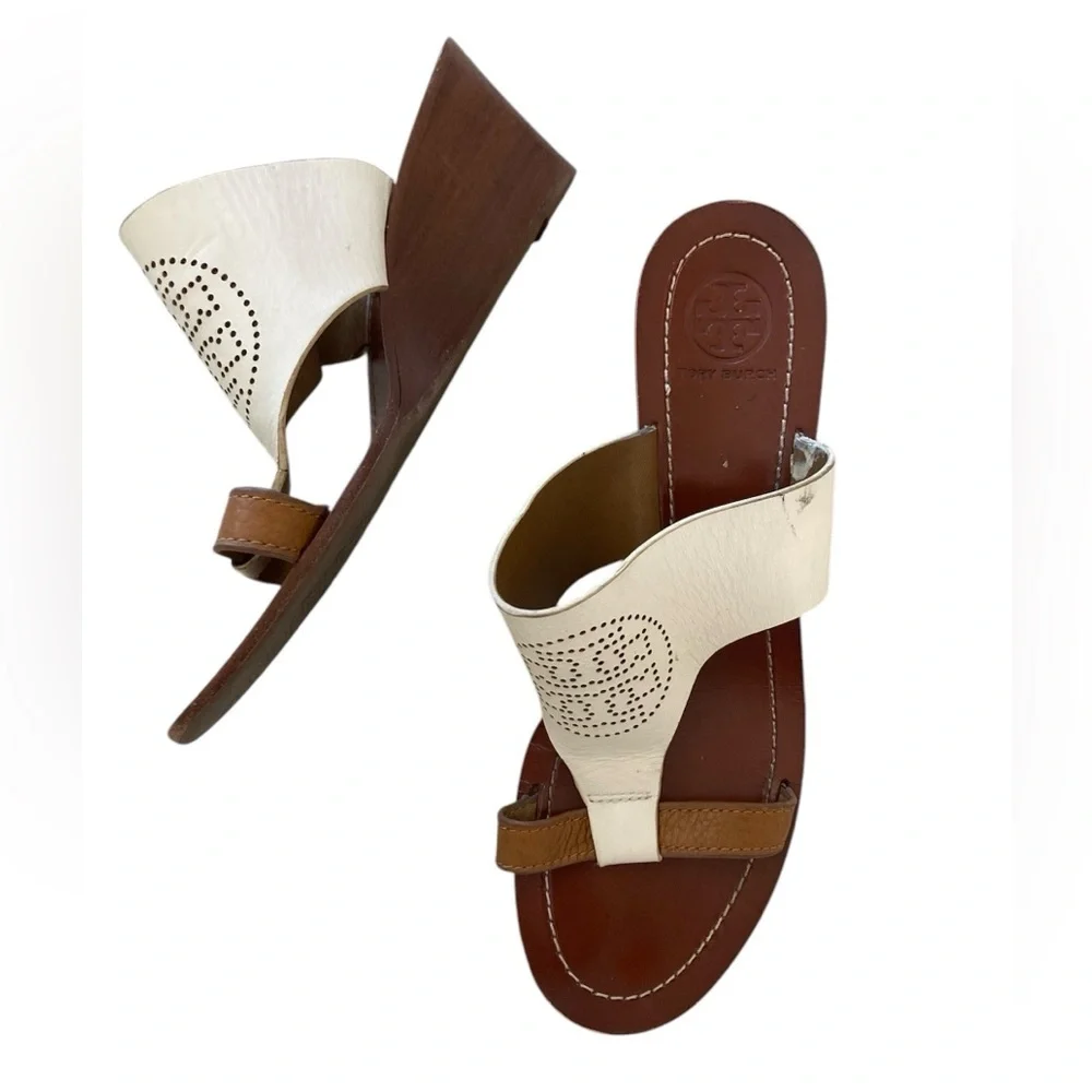 Tory Burch Two Tone Perforated Logo Mid wedge size 7.5, gentle worn